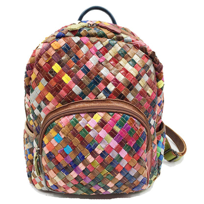 Sac à dos tissé à la main en cuir de vachette coloré avec coutures pour femme