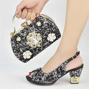 European And American Party Diamond Carved Collage Pattern Round Toe Back Tied Wedge Sandals With Evening Handbag Suit