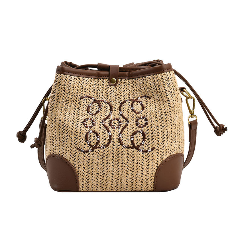 Sac seau tissé en paille pour femme, idéal pour les vacances à la plage ou en bord de mer