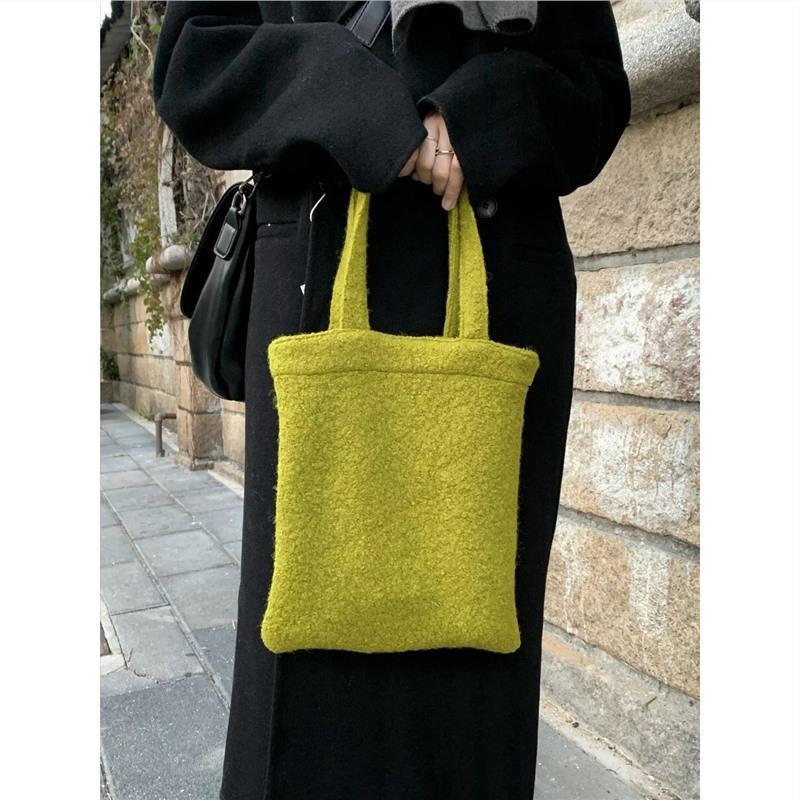 Mustard Green Wool Material Woven Handbag