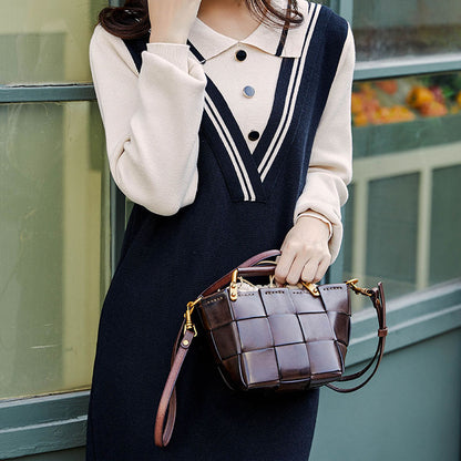 Panier à légumes tissé en cuir véritable fait main rétro en peau de squelette, petit sac