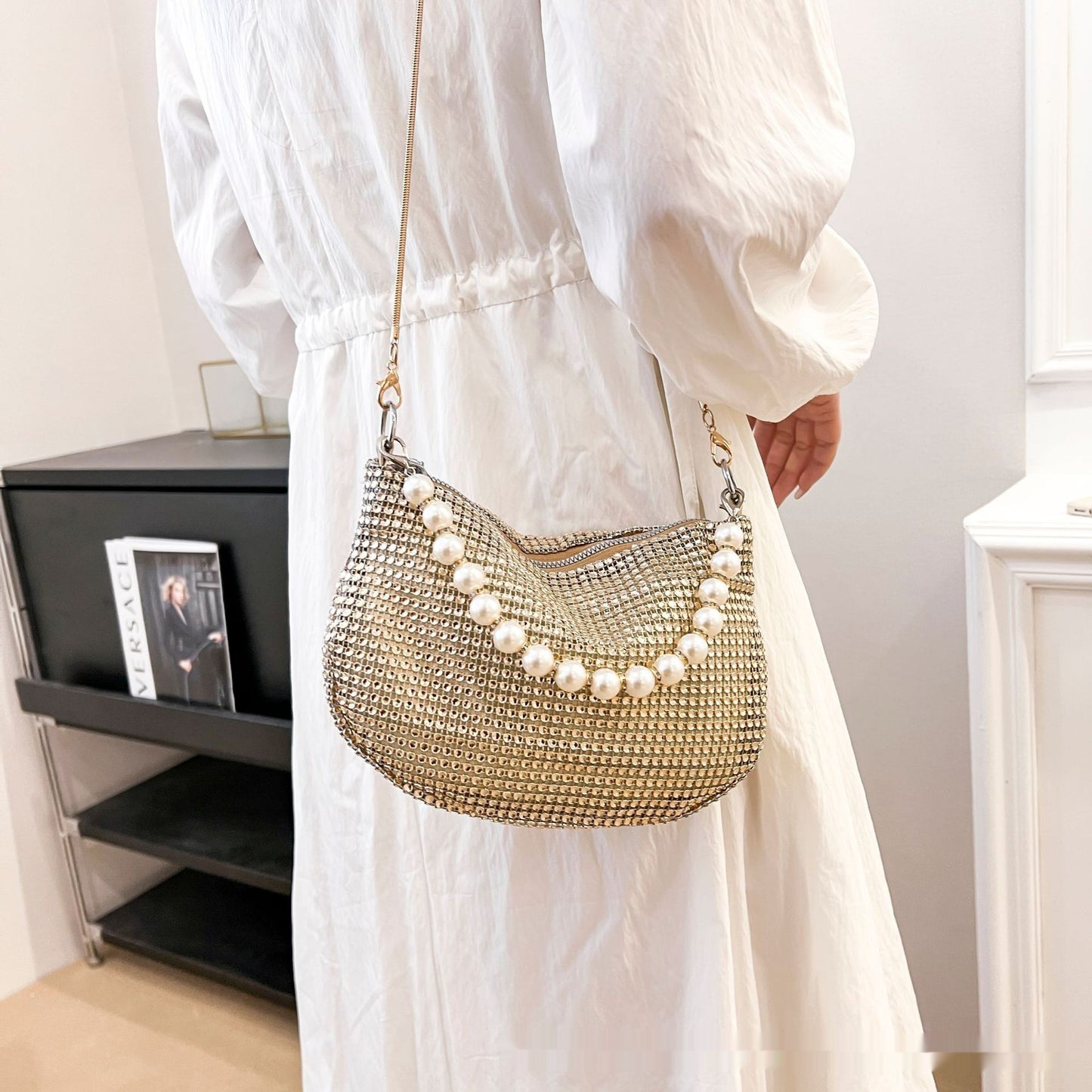 Bolso de mano con perlas y diamantes de imitación para mujer