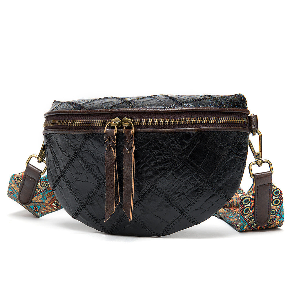 Leather ethnic stitching crossbody bag