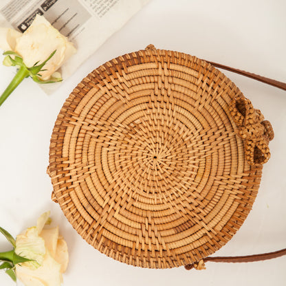 Petit sac rond en paille PU naturel