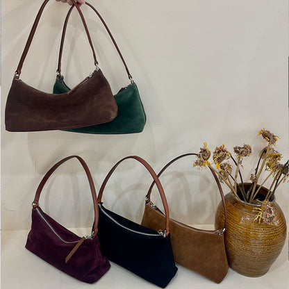 Niche Suede Underarm Baguette Retro Matte Top-grain Leather Shoulder Bag Handbag