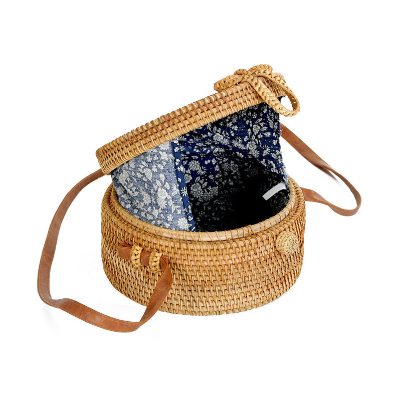 Teng Xuan Rattan bag Mesh beach bag Round crossbody bag with lining Retro flower lining