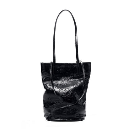 First Layer Pleated Cowhide Lazy Bucket Bag