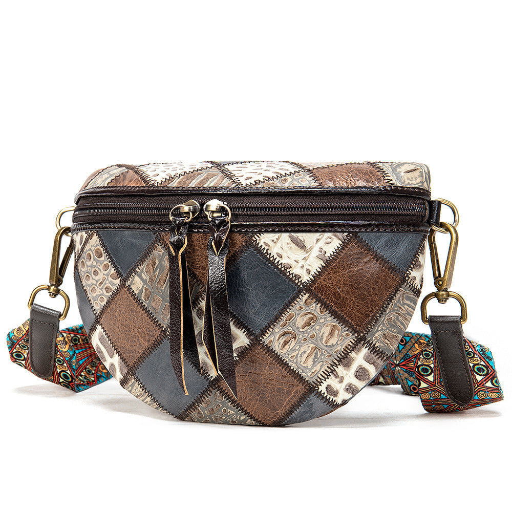 Leather ethnic stitching crossbody bag