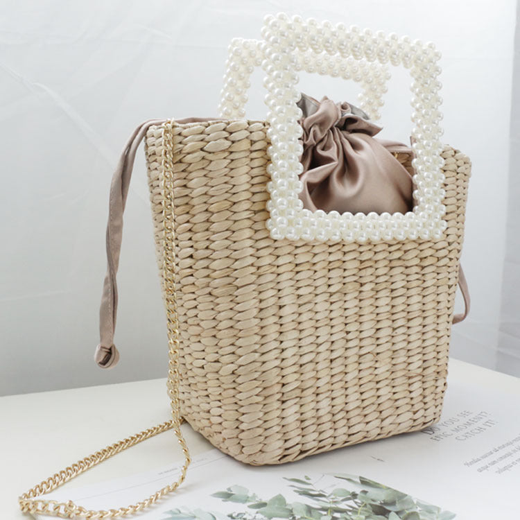 New Pearl Fashion Straw Bag Hand-Woven Shoulder Bag Seaside Vacation Designer Handbag Famous Brand Women Bags