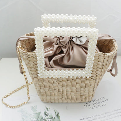 New Pearl Fashion Straw Bag Hand-Woven Shoulder Bag Seaside Vacation Designer Handbag Famous Brand Women Bags