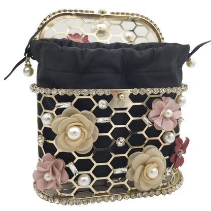 Pearl And Diamond Flower Handbag Drawstring Pork Cage Bag