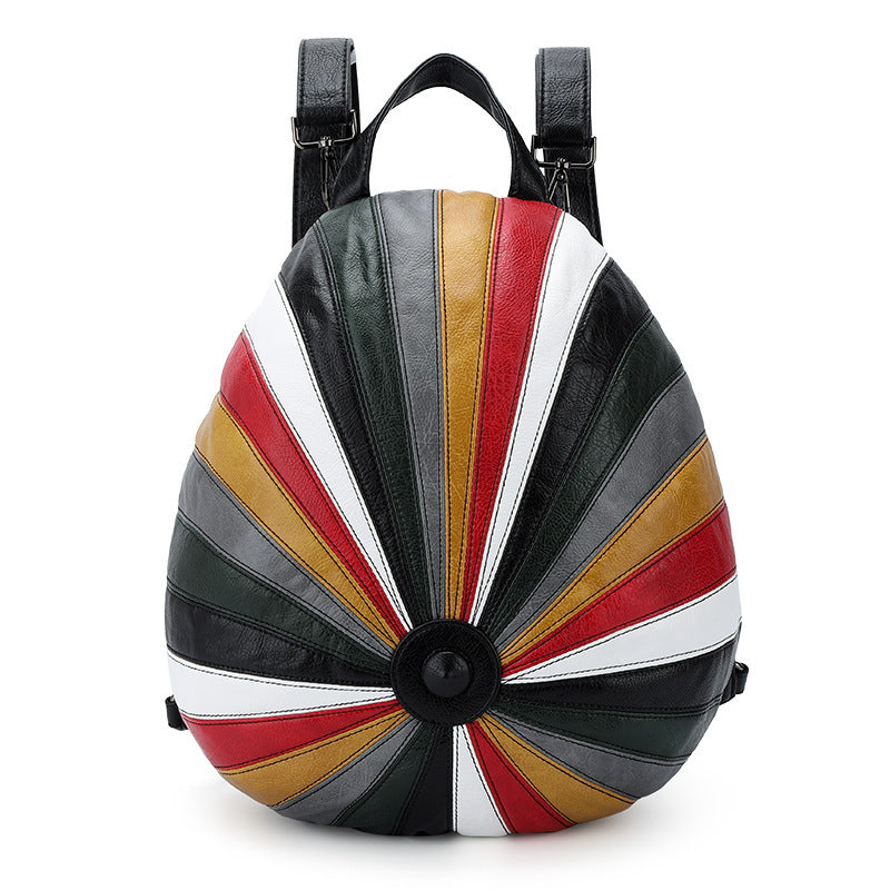 Mochila de rayas de colores con sombrero para mujer, bolso de hombro espacioso de cuero suave