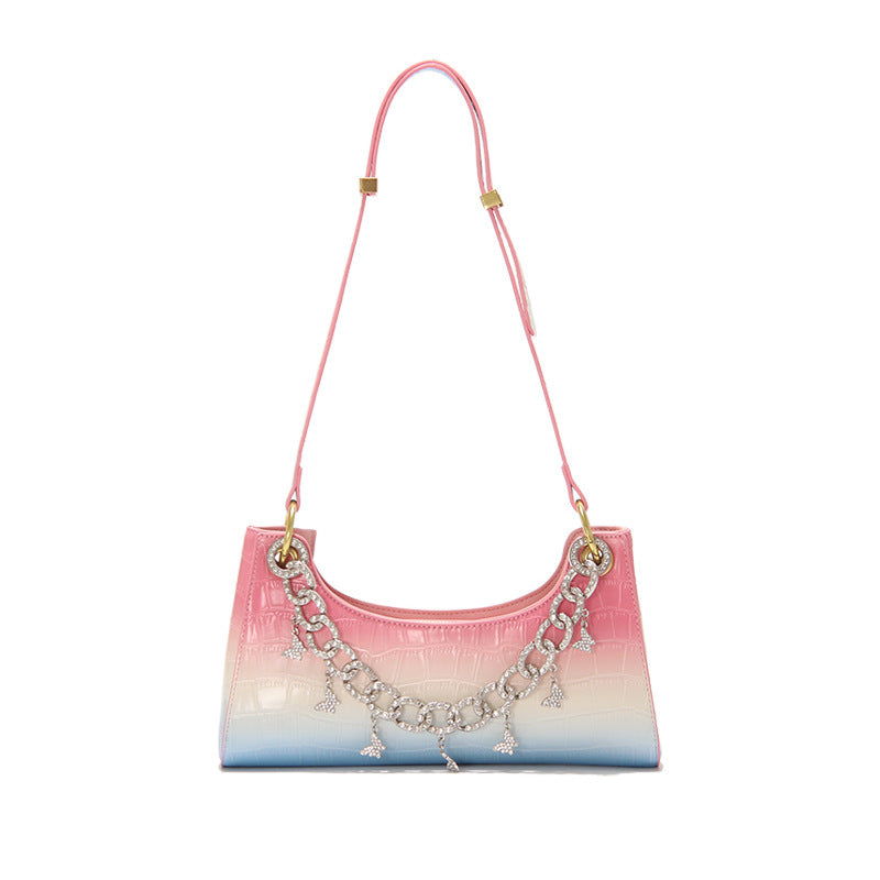 Bolso de hombro con diseño de rana y cocodrilo con diseño de arcoíris y degradado para mujer, nuevo bolso de mano a la moda con cadena de perlas y diamantes de metal, bolso femenino de verano