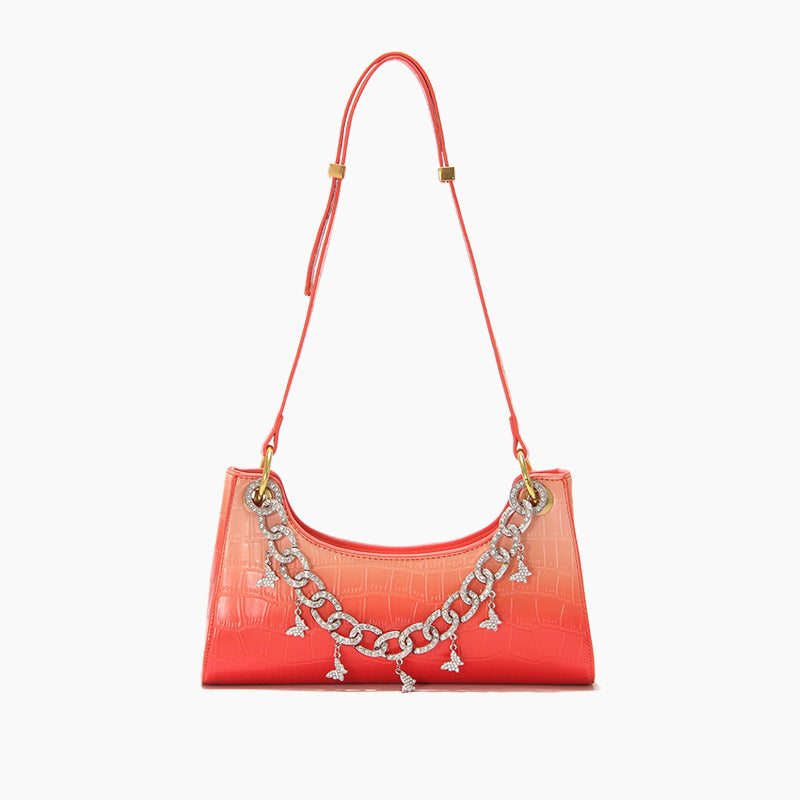 Bolso de hombro con diseño de rana y cocodrilo con diseño de arcoíris y degradado para mujer, nuevo bolso de mano a la moda con cadena de perlas y diamantes de metal, bolso femenino de verano