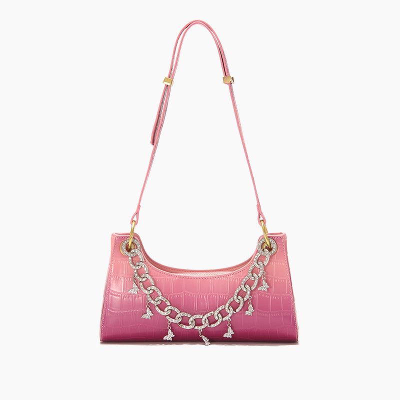 Bolso de hombro con diseño de rana y cocodrilo con diseño de arcoíris y degradado para mujer, nuevo bolso de mano a la moda con cadena de perlas y diamantes de metal, bolso femenino de verano