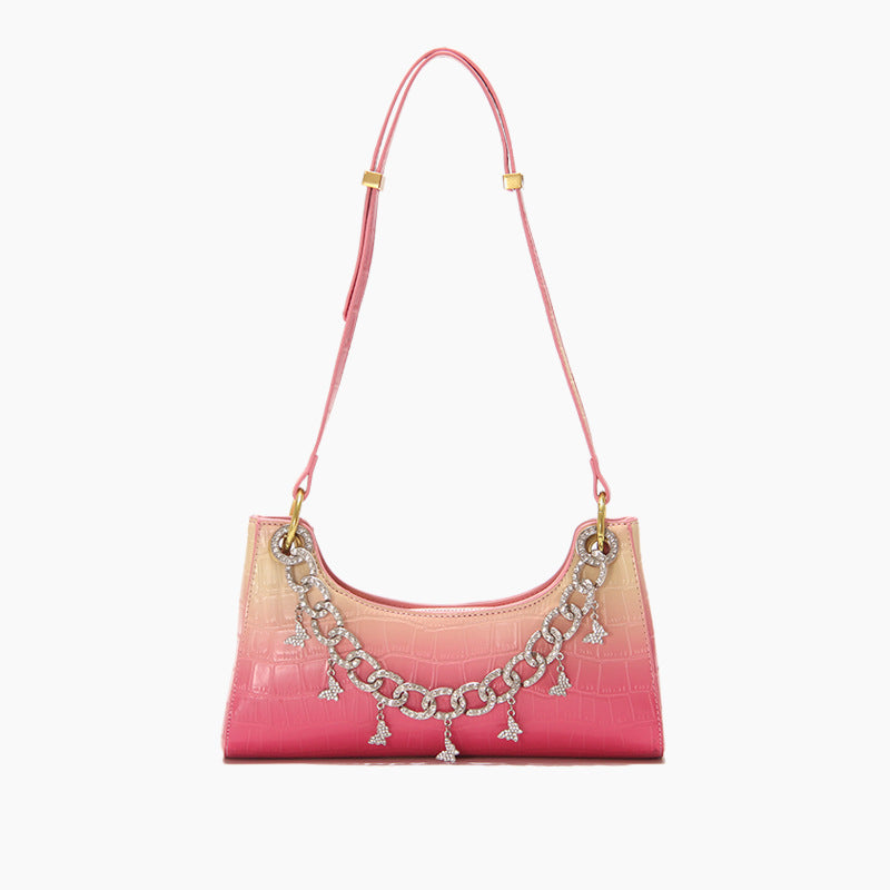 Bolso de hombro con diseño de rana y cocodrilo con diseño de arcoíris y degradado para mujer, nuevo bolso de mano a la moda con cadena de perlas y diamantes de metal, bolso femenino de verano