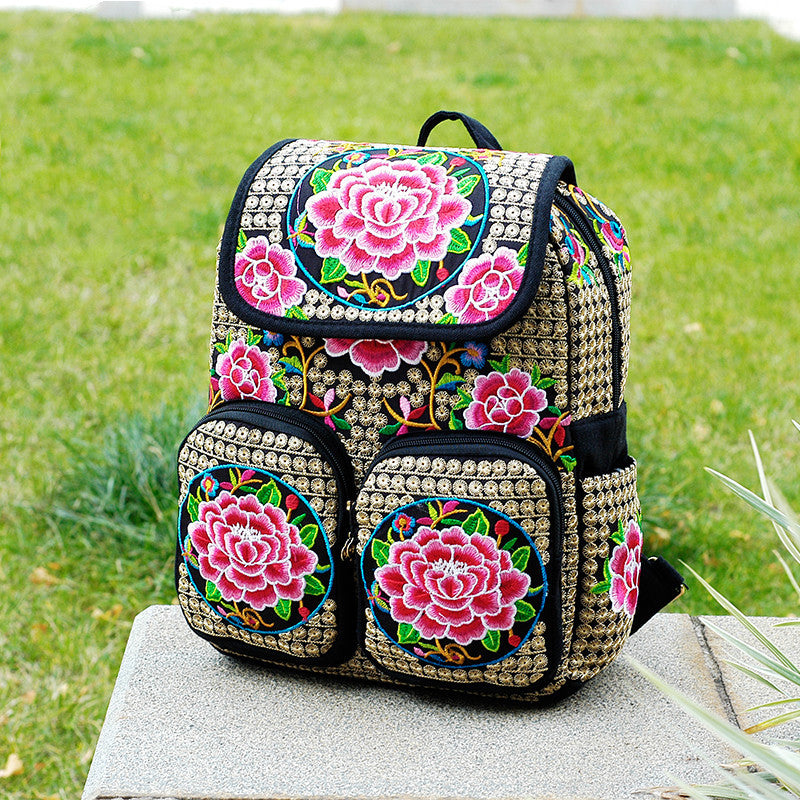 Ethnic Style Embroidery Flower Women's Backpack Women Canvas Bag