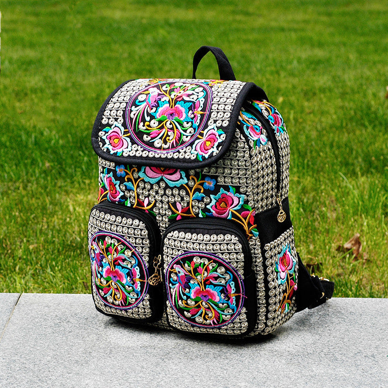 Ethnic Style Embroidery Flower Women's Backpack Women Canvas Bag