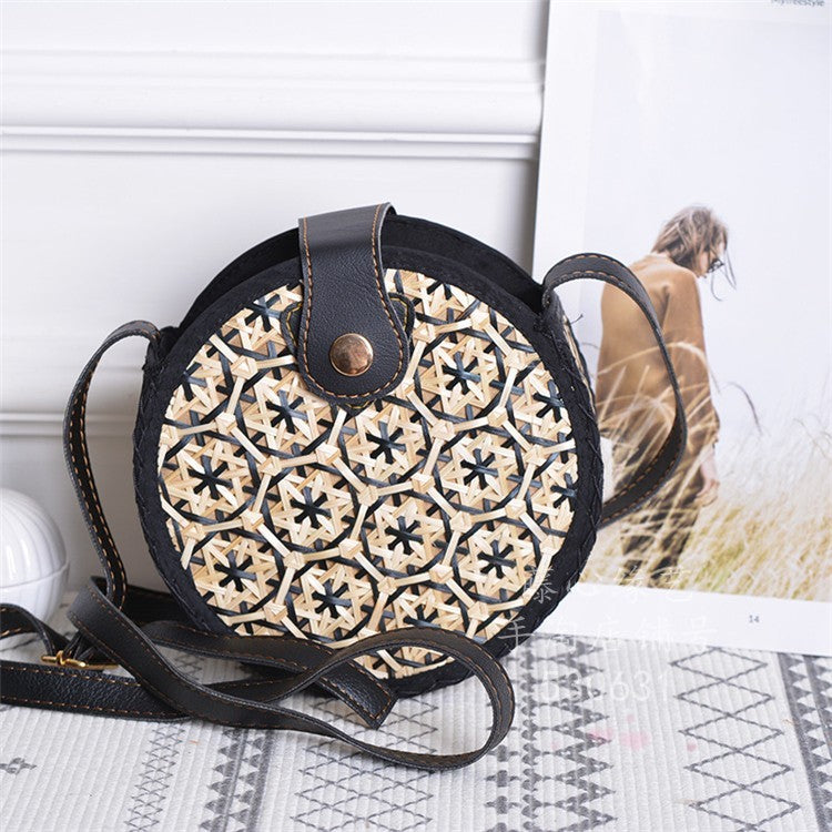 Bamboo woven beach shoulder messenger small round bag