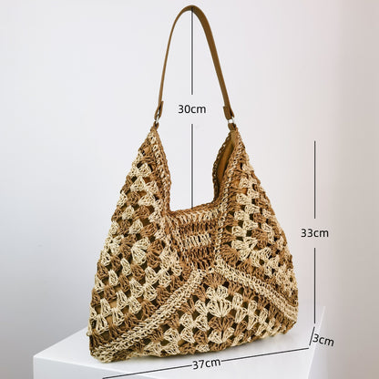 Sac à bandoulière en paille tissé à la main pour femme, couleur contrastée creuse