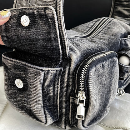 Niche Locomotive Style Multi-pocket Retro Denim Shoulder Messenger Bag