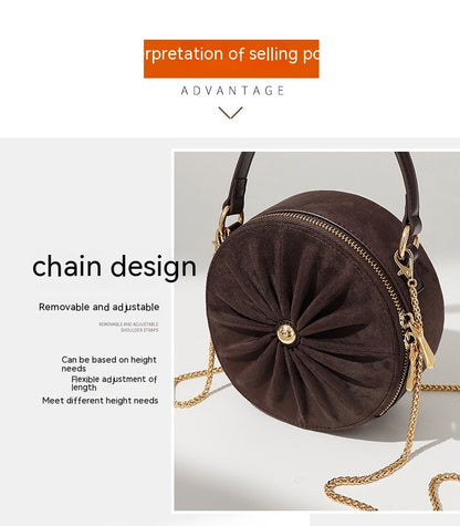 Advanced Sense Classic Style Round Pie Bag Genuine Leather Bag Metal Chain