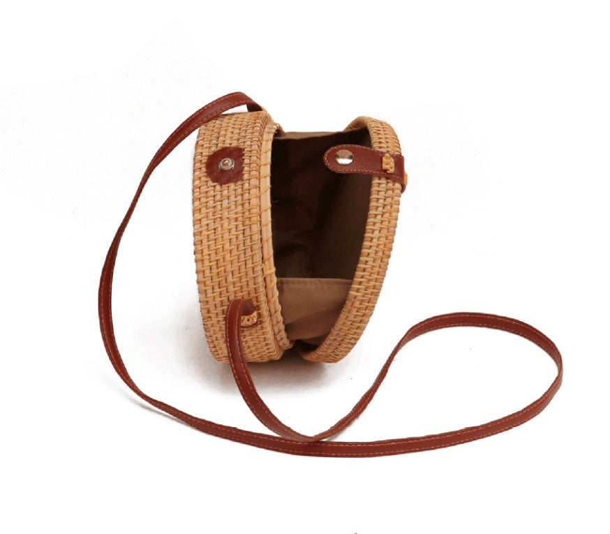 Petit sac rond en paille PU naturel