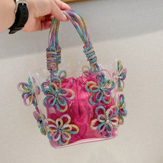 Panier portable à fleurs transparentes et colorées avec strass