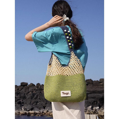 Handmade String Wooden Bead Portable Commuter's All-matching Contrast Color One Shoulder Woven Bag