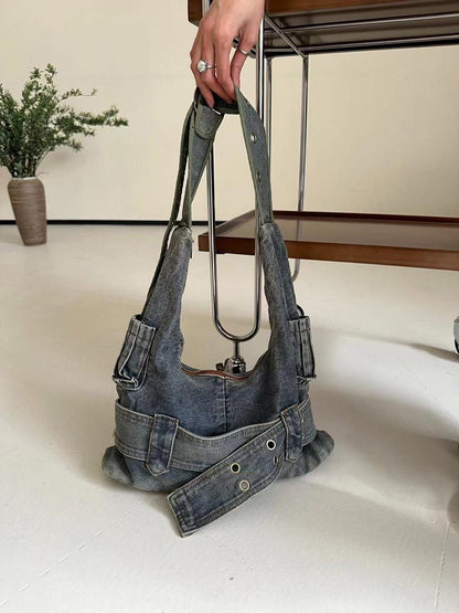 Sac à bandoulière en denim délavé vintage au design spécial