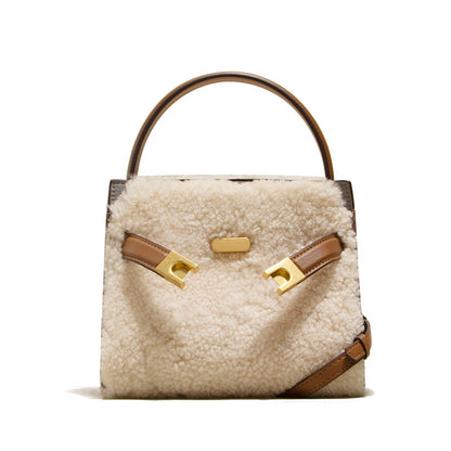 Sac en laine d'agneau pour femme, sac en peluche en cuir assorti à la mode automne et hiver