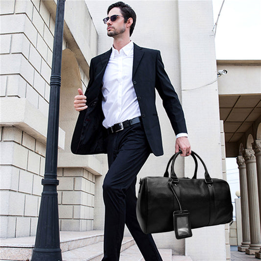 Bolsa de viaje para el gimnasio de piel auténtica para hombre, de color negro