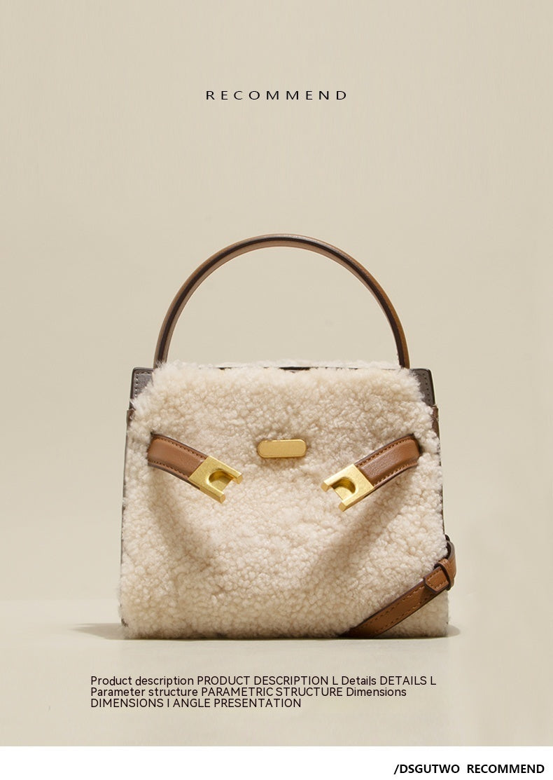 Sac en laine d'agneau pour femme, sac en peluche en cuir assorti à la mode automne et hiver