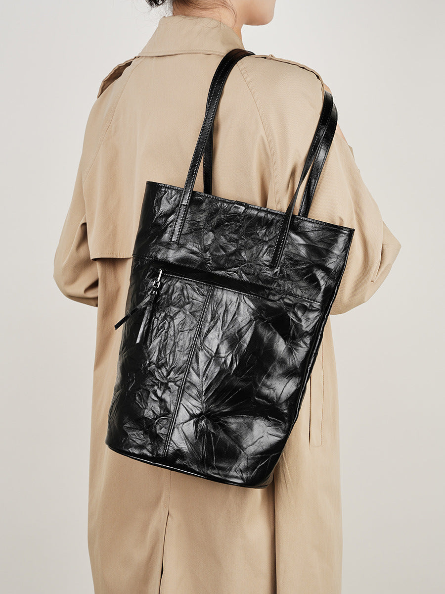 First Layer Pleated Cowhide Lazy Bucket Bag