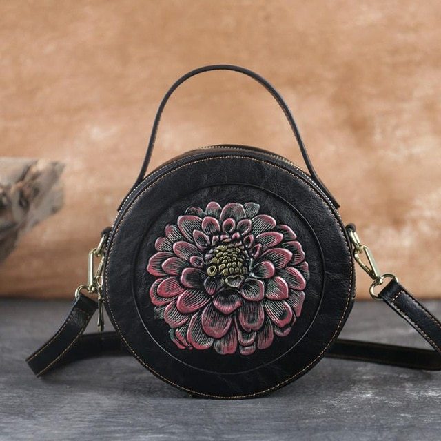 Bolso pequeño redondo con relieve vintage, bolso bandolera, bolso de mano con cremallera de gran capacidad 