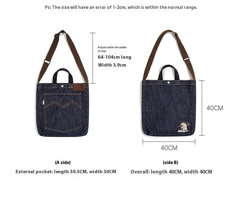 Sac à bandoulière portable de grande capacité en denim rétro américain