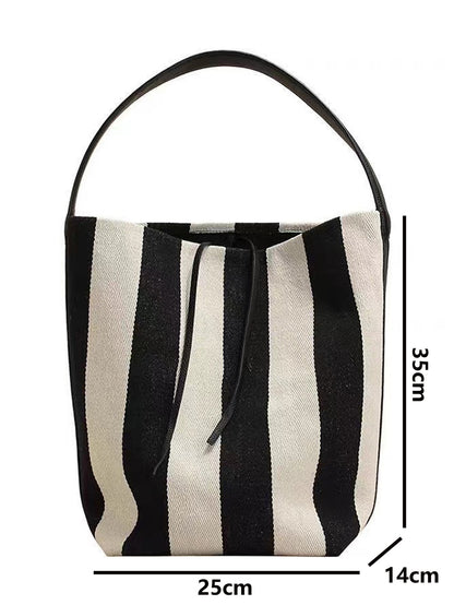 Black And White Contrast Color Wide Shoulder Striped Canvas Bag