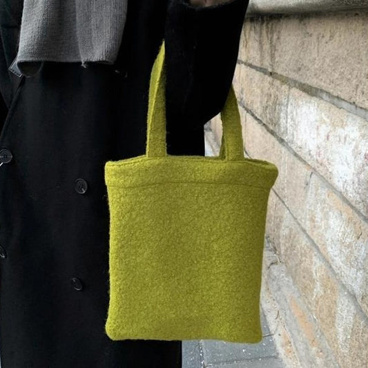 Mustard Green Wool Material Woven Handbag