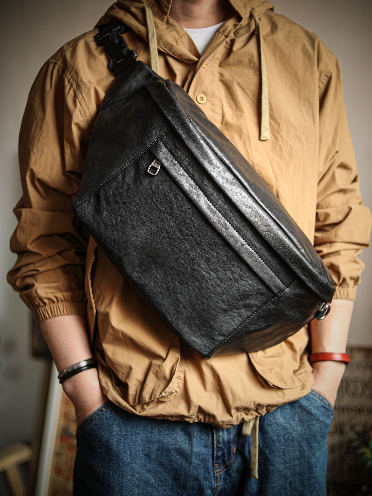 Bolso bandolera vintage de piel de vaca de gran capacidad para hombre