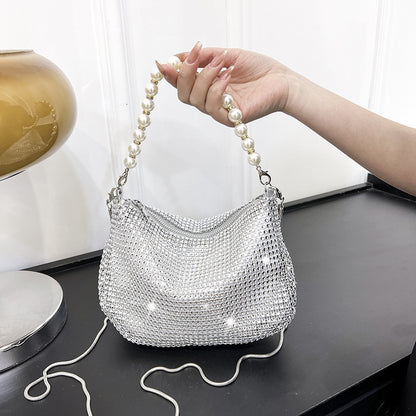 Bolso de mano con perlas y diamantes de imitación para mujer