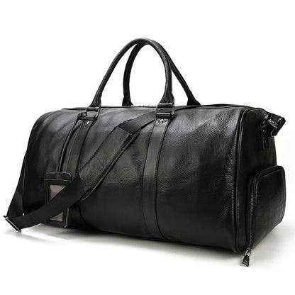 Bolsa de viaje para el gimnasio de piel auténtica para hombre, de color negro