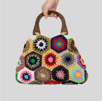 Printemps et été nouveau grand-mère Plaid femmes poignée en bambou patchwork rétro contraste couleur coton tressé sac à main