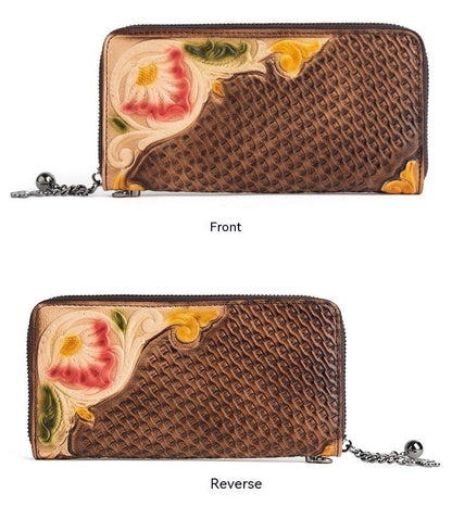 Pochette mi-longue en cuir à motif d'arbre peint à la main de style rétro tendance