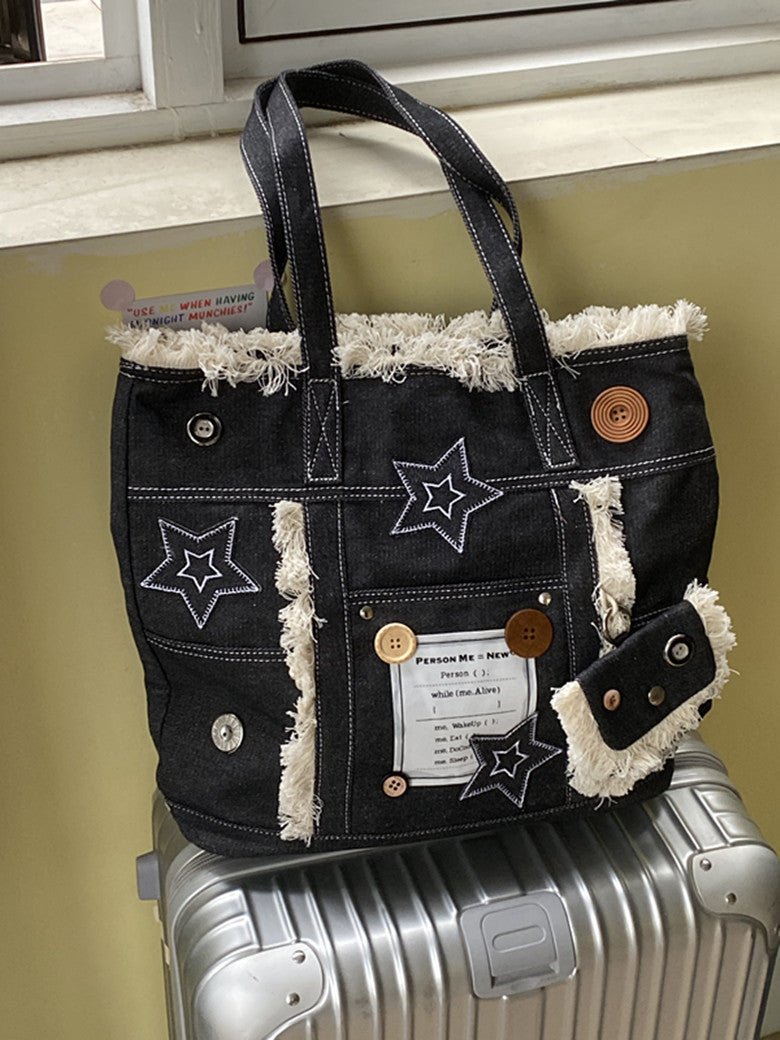 Bolso tote de mezclilla con flecos y estrellas estilo vintage americano