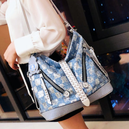 Women Denim Sequin Bucket Bag Backpack Fashion