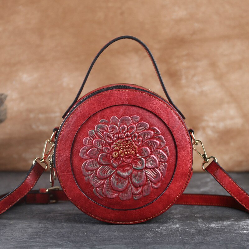 Bolso pequeño redondo con relieve vintage, bolso bandolera, bolso de mano con cremallera de gran capacidad 