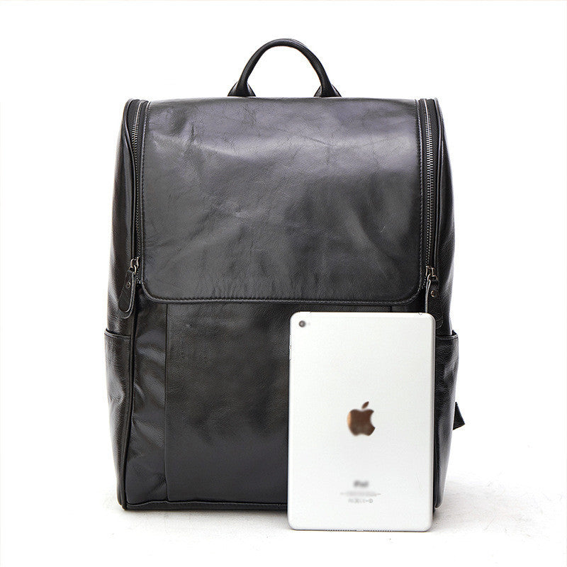 First layer leather black computer backpack