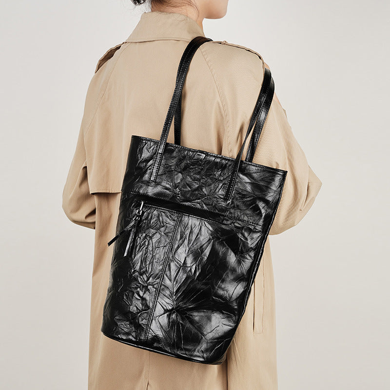 First Layer Pleated Cowhide Lazy Bucket Bag