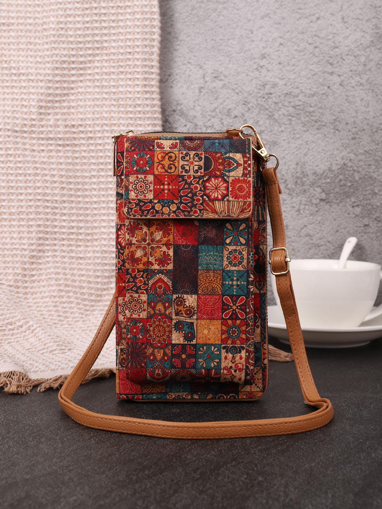 Retro Bohemian Wallet Multi-functional Large Capacity Wood Grain Mobile Phone Bag