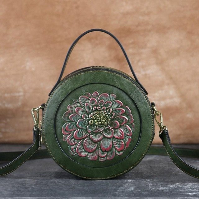 Bolso pequeño redondo con relieve vintage, bolso bandolera, bolso de mano con cremallera de gran capacidad 